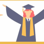 Graduates in cap and gown with arms out.