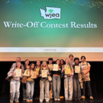 Text: Write Off Contest Results and students holding awards.