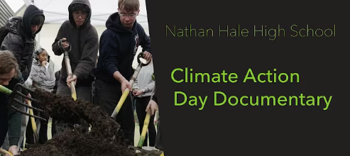 Students working outside in nature. Text: Climate Action Day Documentary.