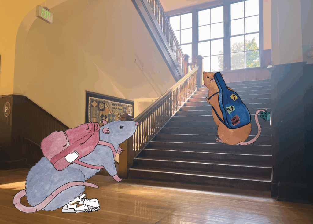 two hand-drawn rats with backpacks walk up the sunlit staircase of Nova