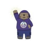 An illustration of an otter in a purple hoodie with and one arm upraised with a closed fist