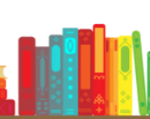 graphic colorful books on a shelf rainbow