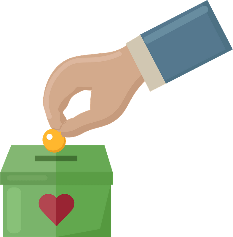 graphic hand putting a coin in a box with a heart on it