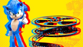 Sonic Cartoon Character standing next to an old fashioned movie reel