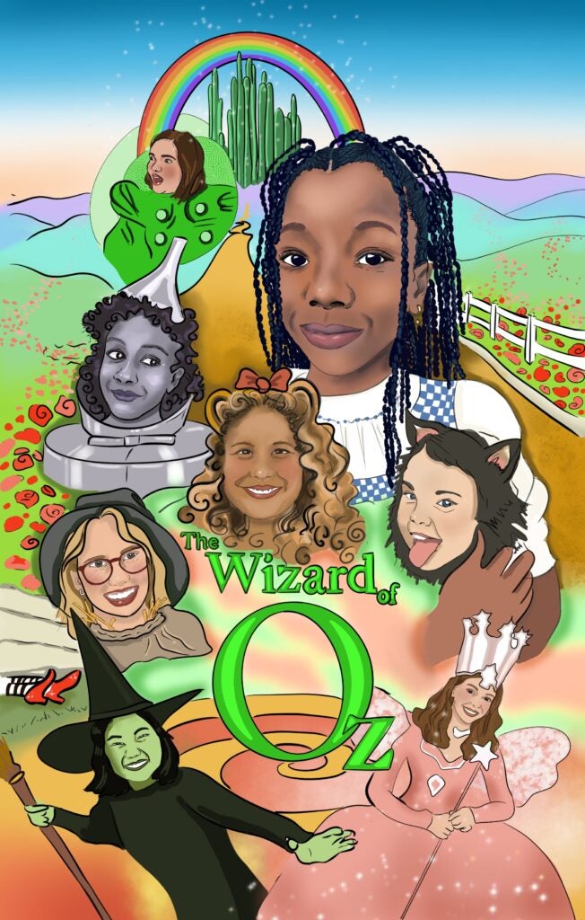 Olympic View Elementary presents: The Wizard of Oz 4/4, 4/5, 4/6 graphic of difference characters in the poppy field with the Emerald City in the background.