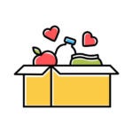 Food donations color icon. Charity food collection. Box with meal, hearts. Humanitarian assistance. Volunteer activity. Helping people in need. Hunger support program