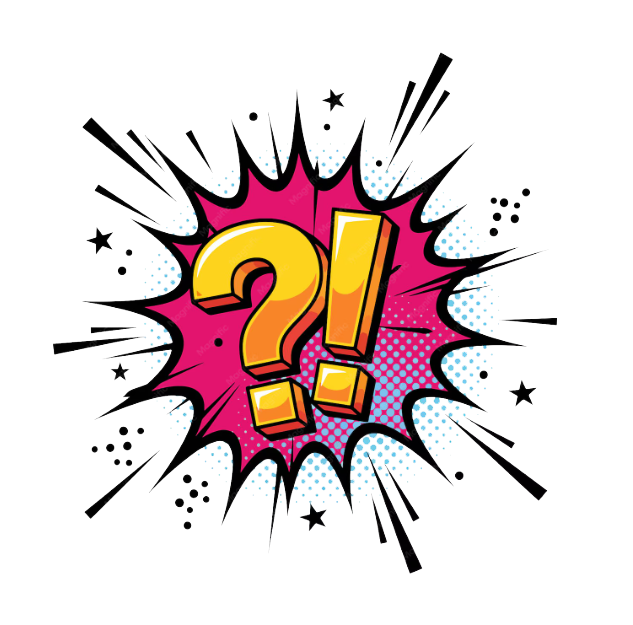 question mark and exclamation mark on hot pink paint splatter graphic.
