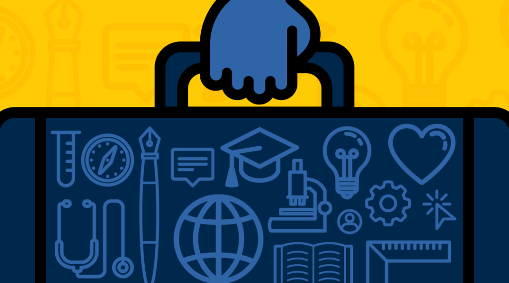 graphic of a person holding a briefcase with symbols representing different career pathways