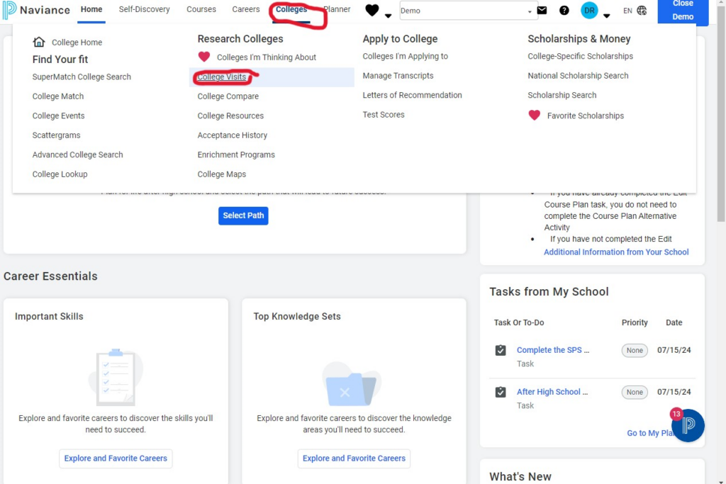 From your Naviance student homepage on the top ribbon, select Colleges > College Visits.