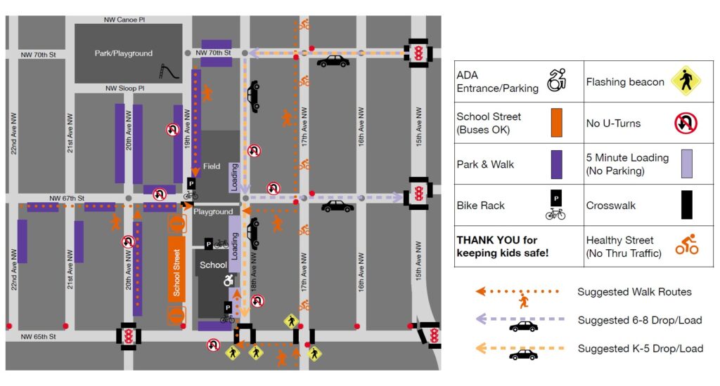 A map depicting the recommended traffic flow around Salmon Bay K-8  school for the 2025- 2026 school year.