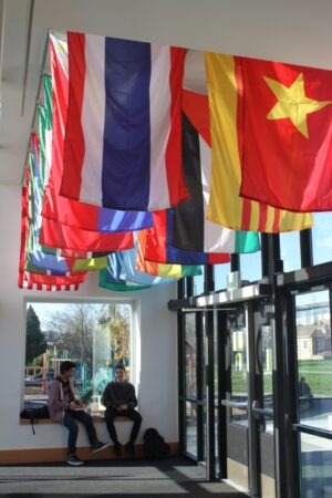 Boys sitting under flags