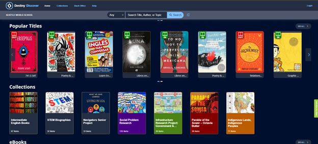 A screenshot of the online Destiny Library catalog for Seattle World School Library.