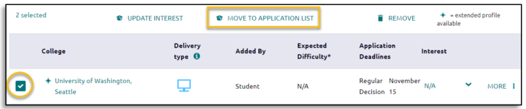 Naviance Screen shot Move to Application List highlighted
