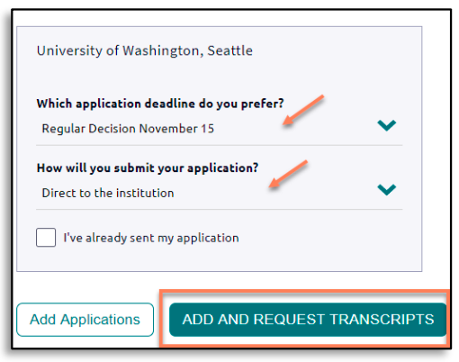 Naviance screen shot Add and Request Transcripts