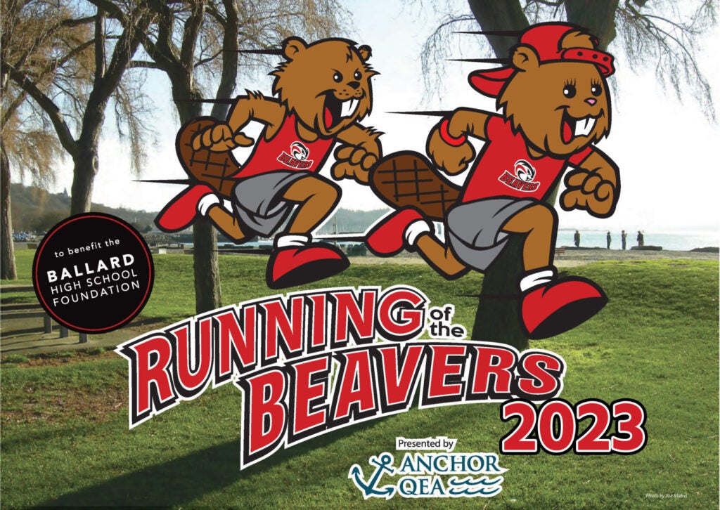 Beaver characters running. Text: Running of the Beavers 2023