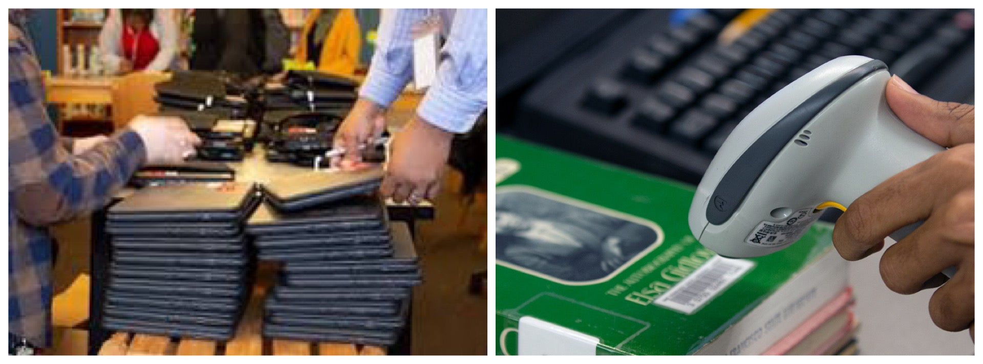 Laptops on table and book being scanned