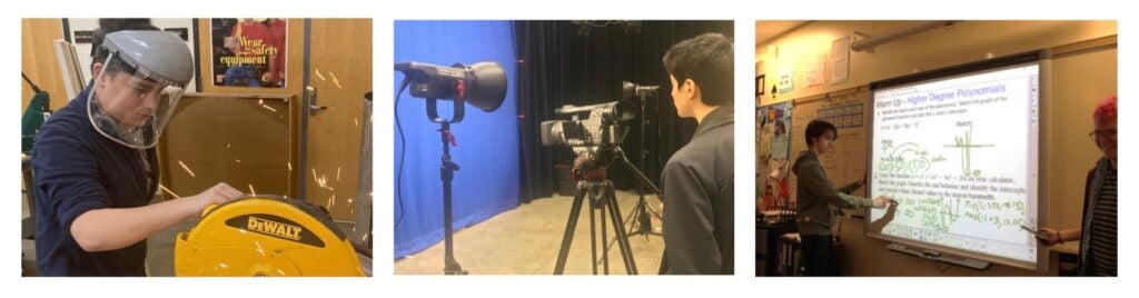 Student with face shield, with Camera and at lighted board