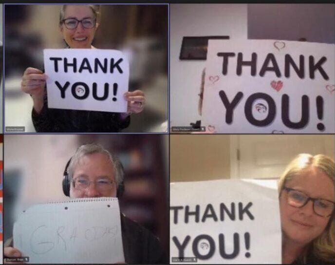 Thank you signs help up during a Zoom Meeting