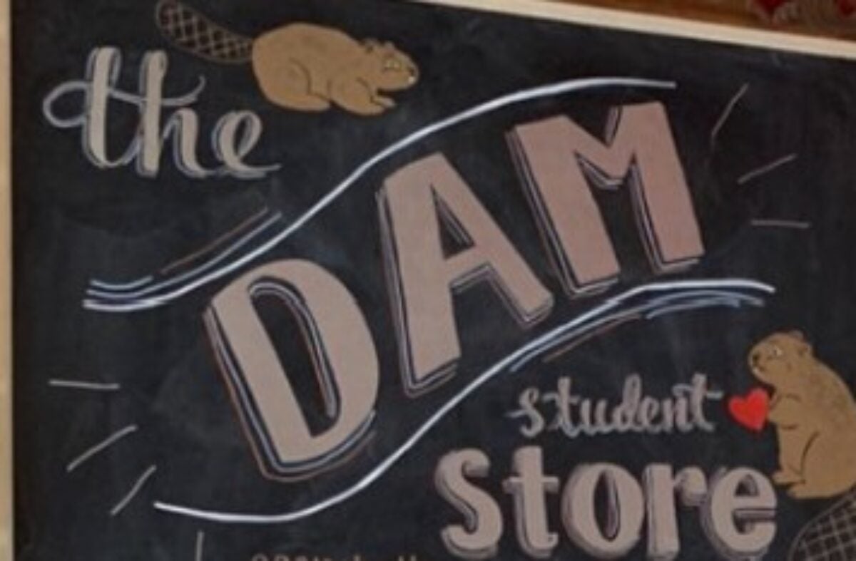 The Dam Student Store Sign with Beavers