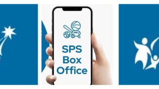 SPS Logos and Cell Phone with Sports Equipment and text: SPS Box Office