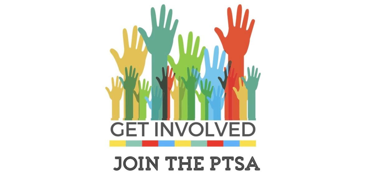 Raised Hands in Multiple colors Text Get Involved and Join the PTSA