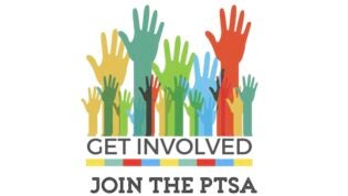 Raised Hands in Multiple colors Text Get Involved and Join the PTSA