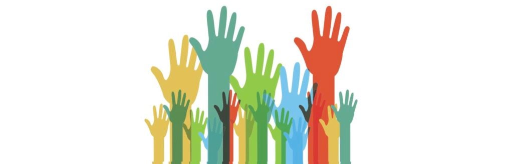 Raised Hands in Multiple colors Text Get Involved and Join the PTSA
