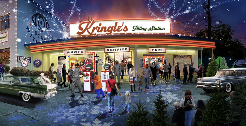 Front of Kringle Filling Station Trees, Lights, Tables, People
