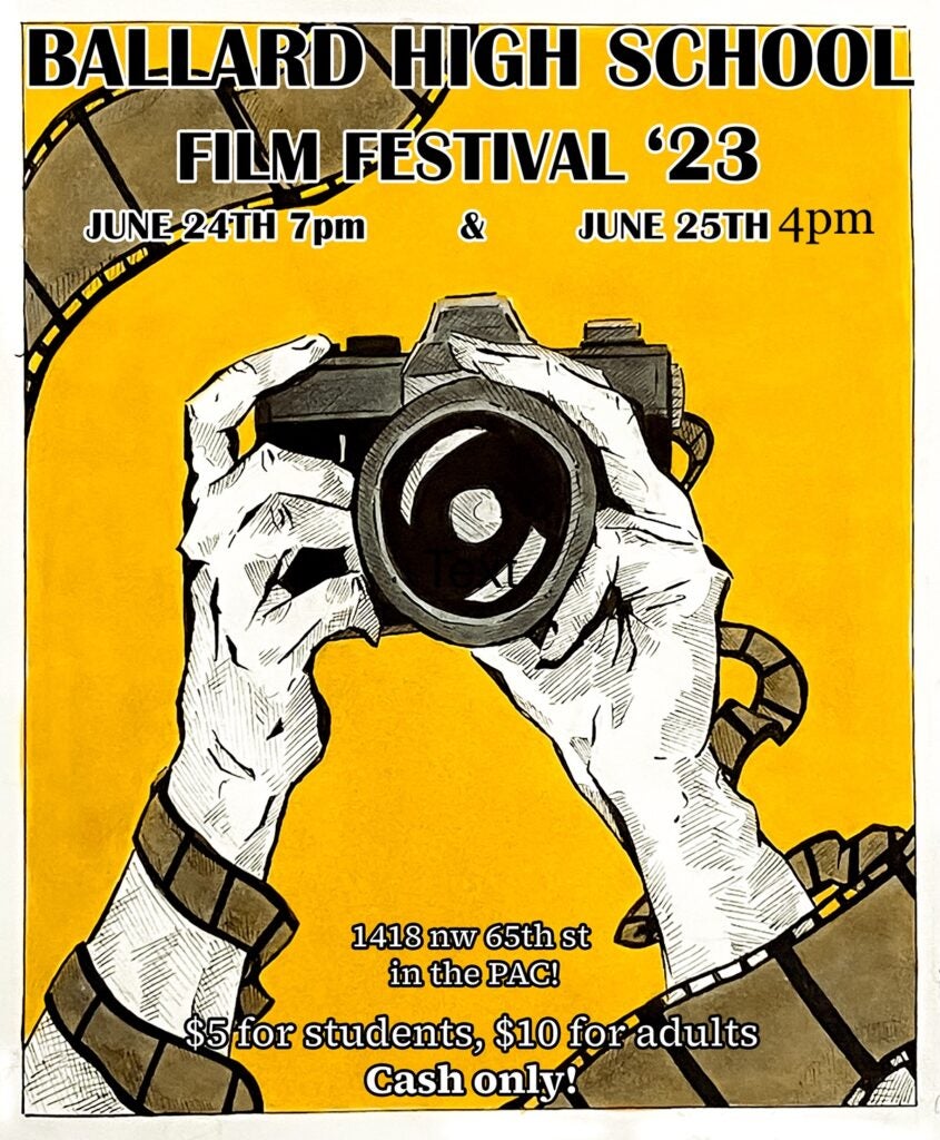 Drawing of hands holding a camera pointed out. Text: BHS Film Festival June 24 7pm 25 2pm