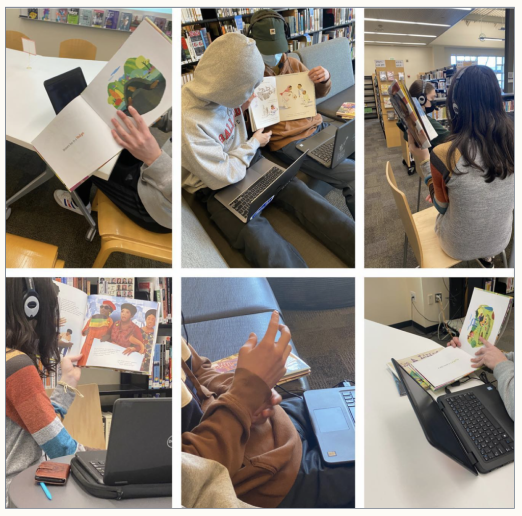 Collage of BHS Students reading books to Elementary Students via Teams