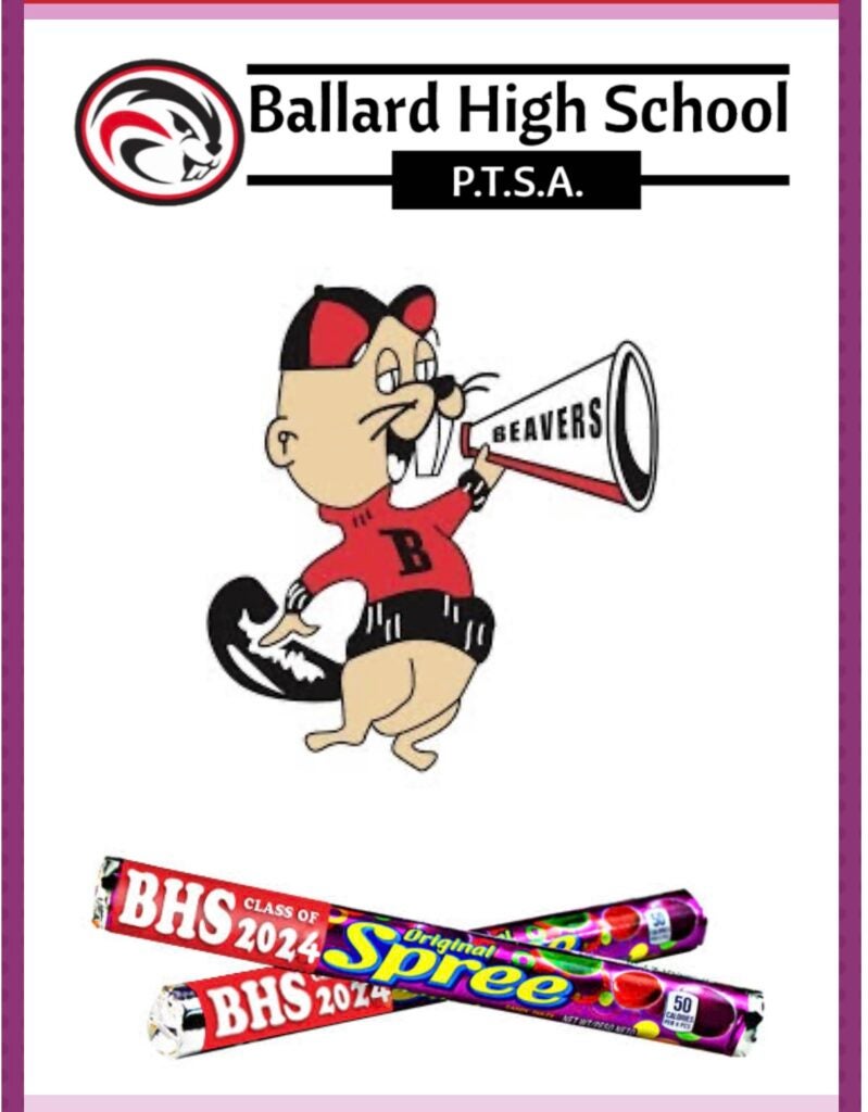 BHS PTSA Logo, Bucky the Beaver with Megaphone and SPREE Candy Rolls 2024