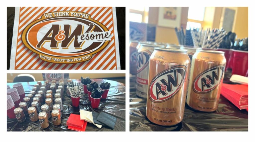 A & W Rootbear cans on table with straws in a cup.