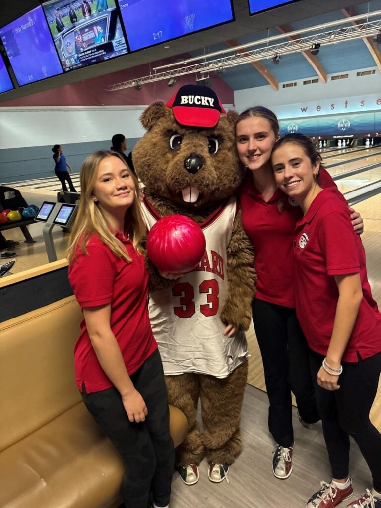 Girl Bowlers with Bucky at the lanes.