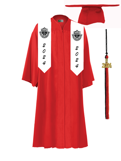 Red Graduation Cap and Gown and tassel and 2024
