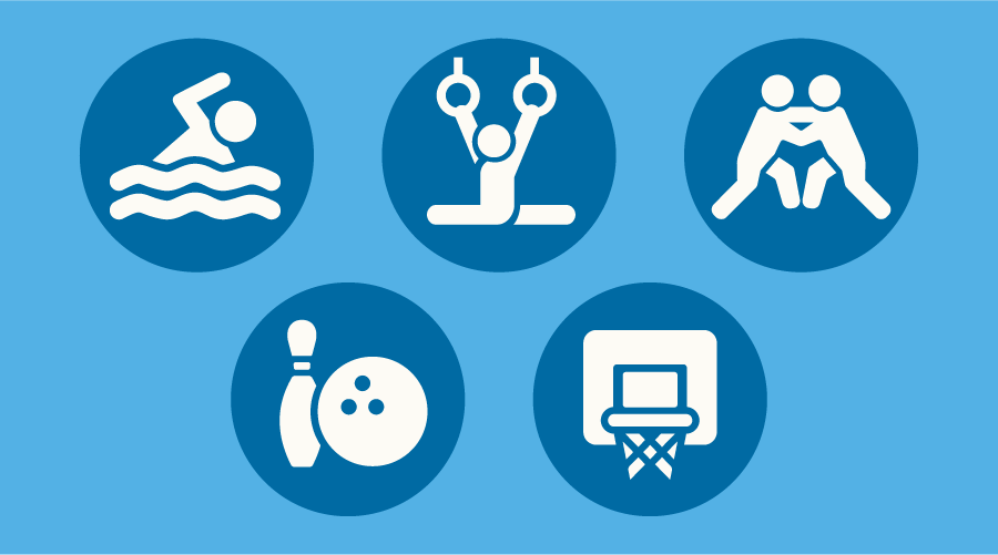 Graphic of winter sports includes a swimmer, a gymnast, wrestlers, a bowling ball and pin, and a basketball hoop