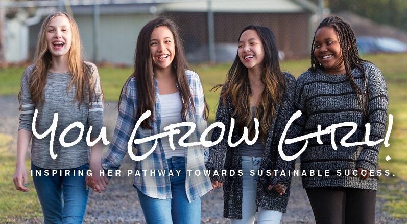 4girls outside. Text: You Grow Girl! Inspiring her pathway to sustainable success Logo