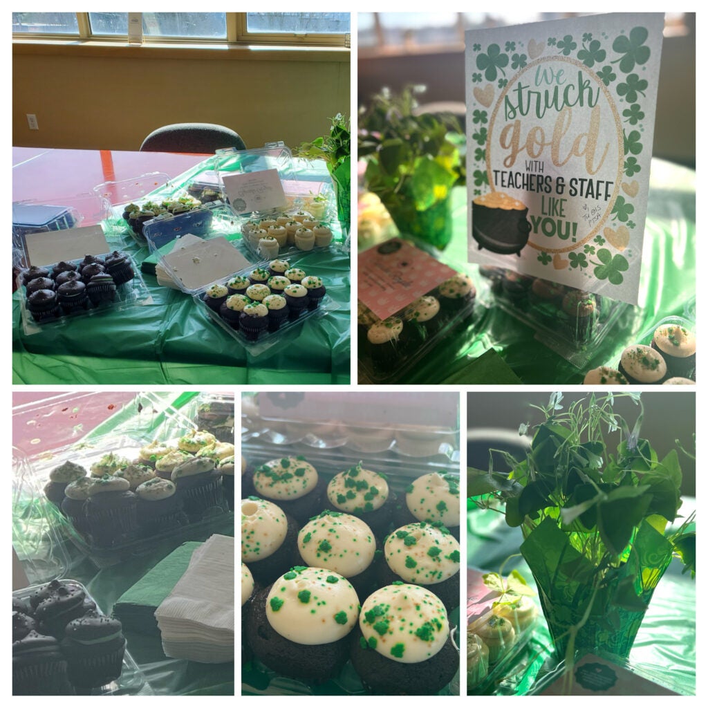 Cupcake and plant collage on tables in the staff lounge