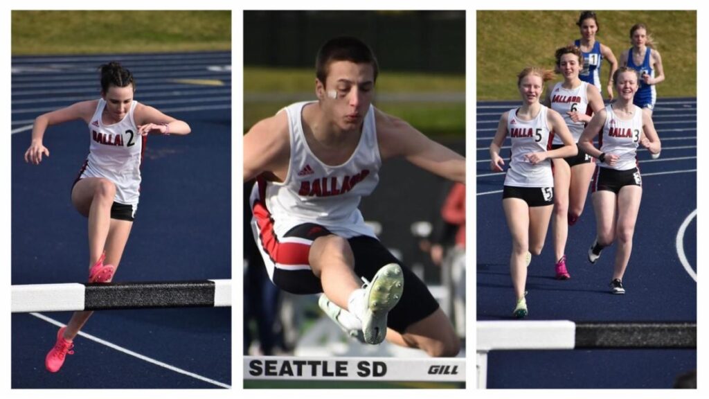 Collage of student track runners, hurdles