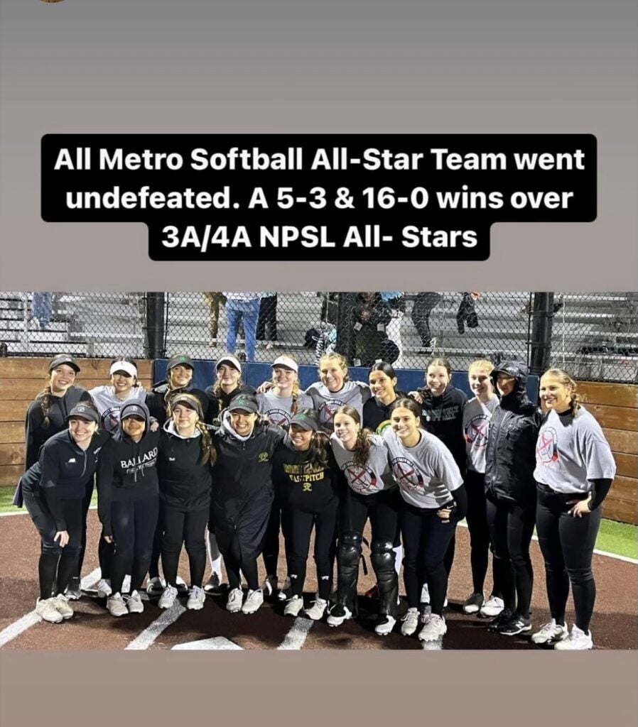 All Metro Softball Team. Text: All Metro Softball All- Stars Team went Undefeated!! 5 -3 and 16-0 wins over 3A/4A NPSL All- Stars!! 
