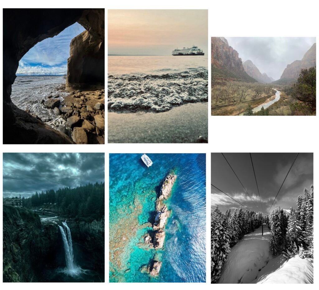 Collage of student photography, beach, ferry, mountains, waterfall, tropical beach, snow chairlift and trees