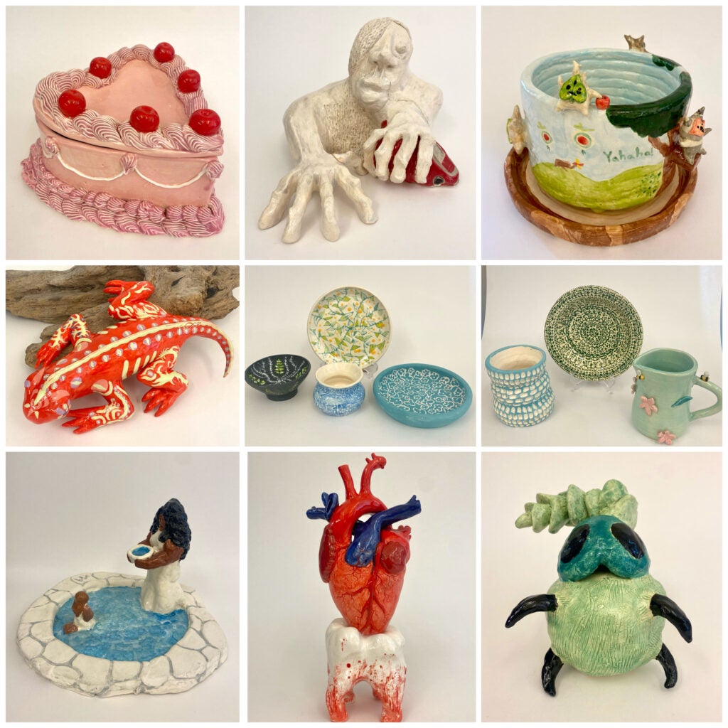 Ceramics, Heart Cake, Troll holding car, Cup, Lizard, Bowls, Bowls and Pitcher, Water, Heart and Tooth, Bug.