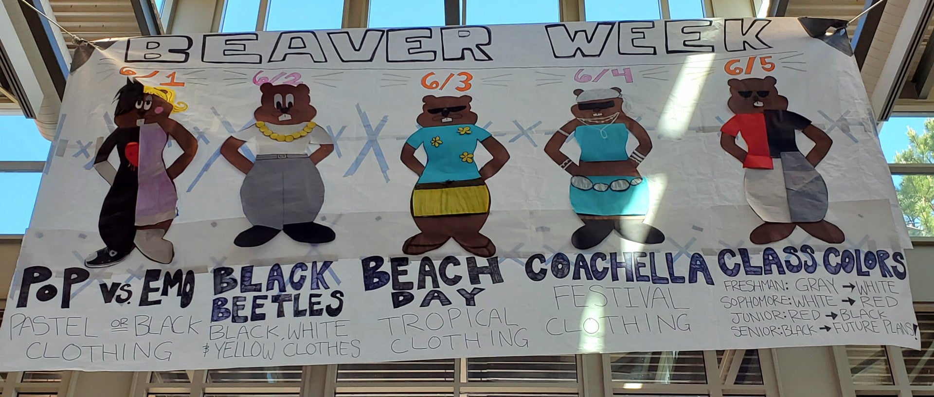 Beaver Week Banner with 5 dressed up beaver characters. Text for days of the week on webpage.