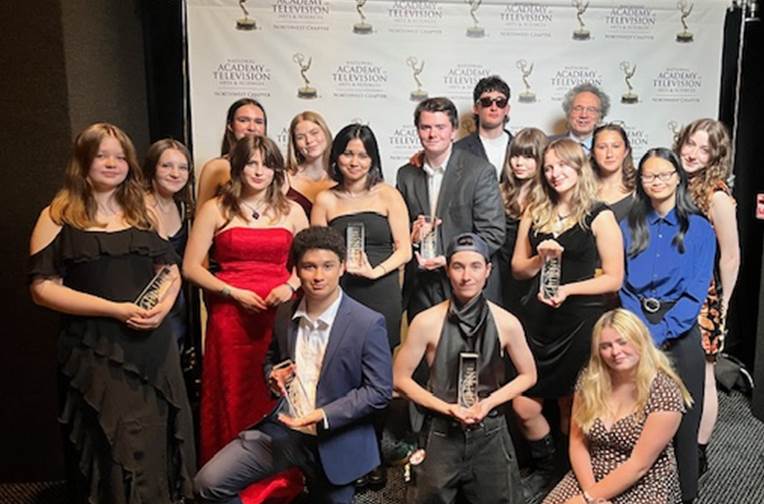 Digital Film Students with awards and Steven Bradford.