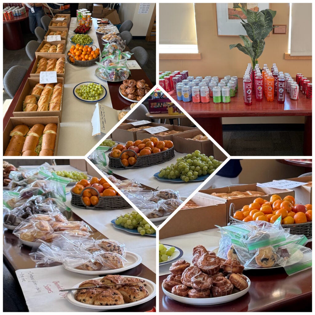 Collage of tables of food and drink in the Staff Lounge. 
