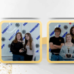 Trophy and images of students with awards.