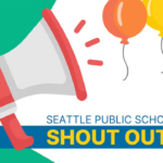 Bullhorn with balloons coming out of it. Text: SPS Shout Outs