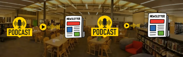 BHS Library, Newsletter, Podcast with Microphone.
