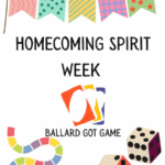Banner with dice and card games. Text: Homecoming Spirit Week Ballard Got Game