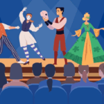 Actors on stage with audience in first 2 rows.