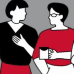 People characters standing talking to each other holding meeting notes.